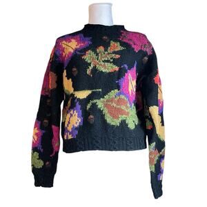 Woolrich Woman VTG Wool Mohair Sweater M Black Colorful Leaf Acorn Fall Knit